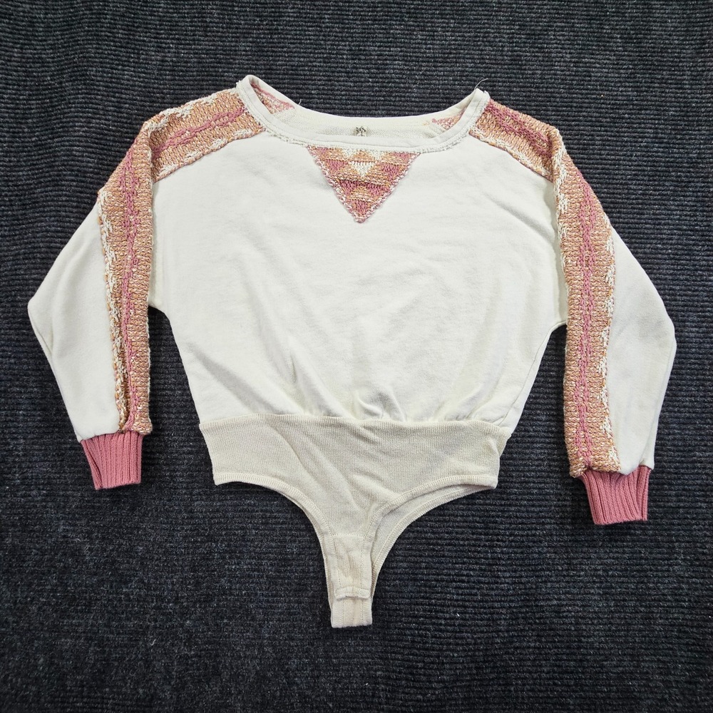 Free People Bodysuit Womens Small Off White Knitted Balloon Sleeve Round Neck